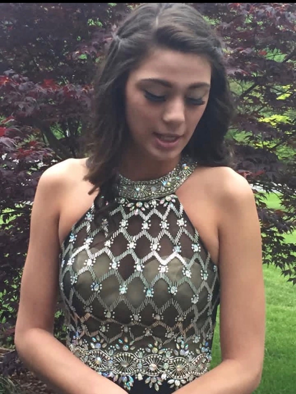 Alyce Paris Black and Gold Beaded Halter Prom Dress